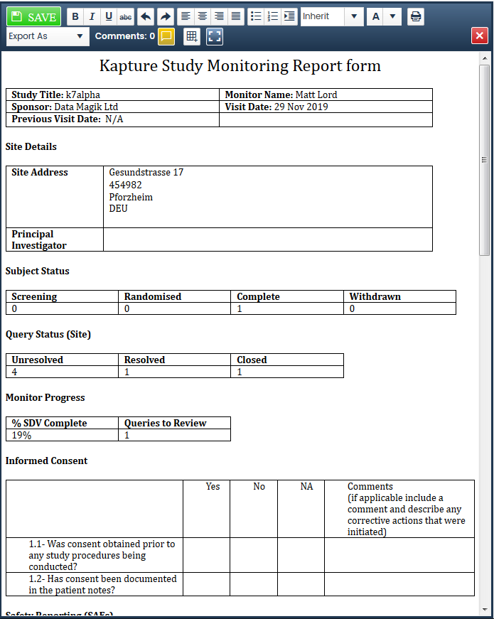 CRAs can create visit reports in the Kapture system